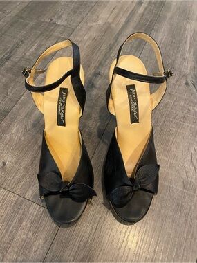 Betsey Johnson Black Ankle-Strap Peep Toe Heels with Bow Accent